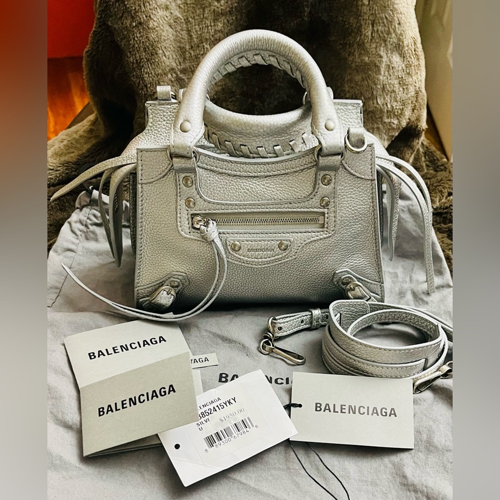 BALENCIAGA Metallic Silver Grained Calfskin Neo Classic Mini City